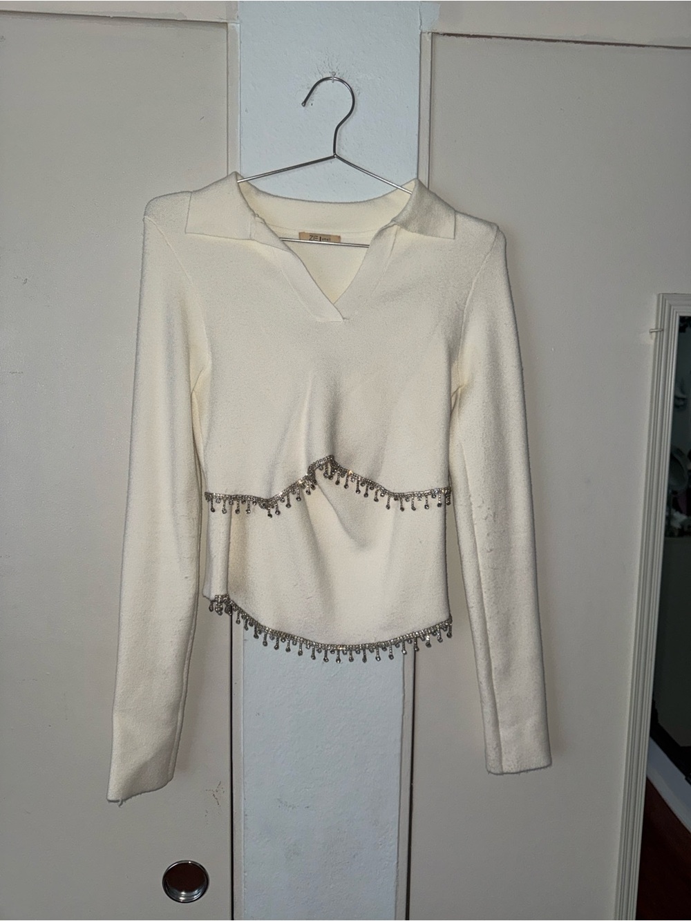 Cream Long-Sleeve Mini Dress with Beaded Trim